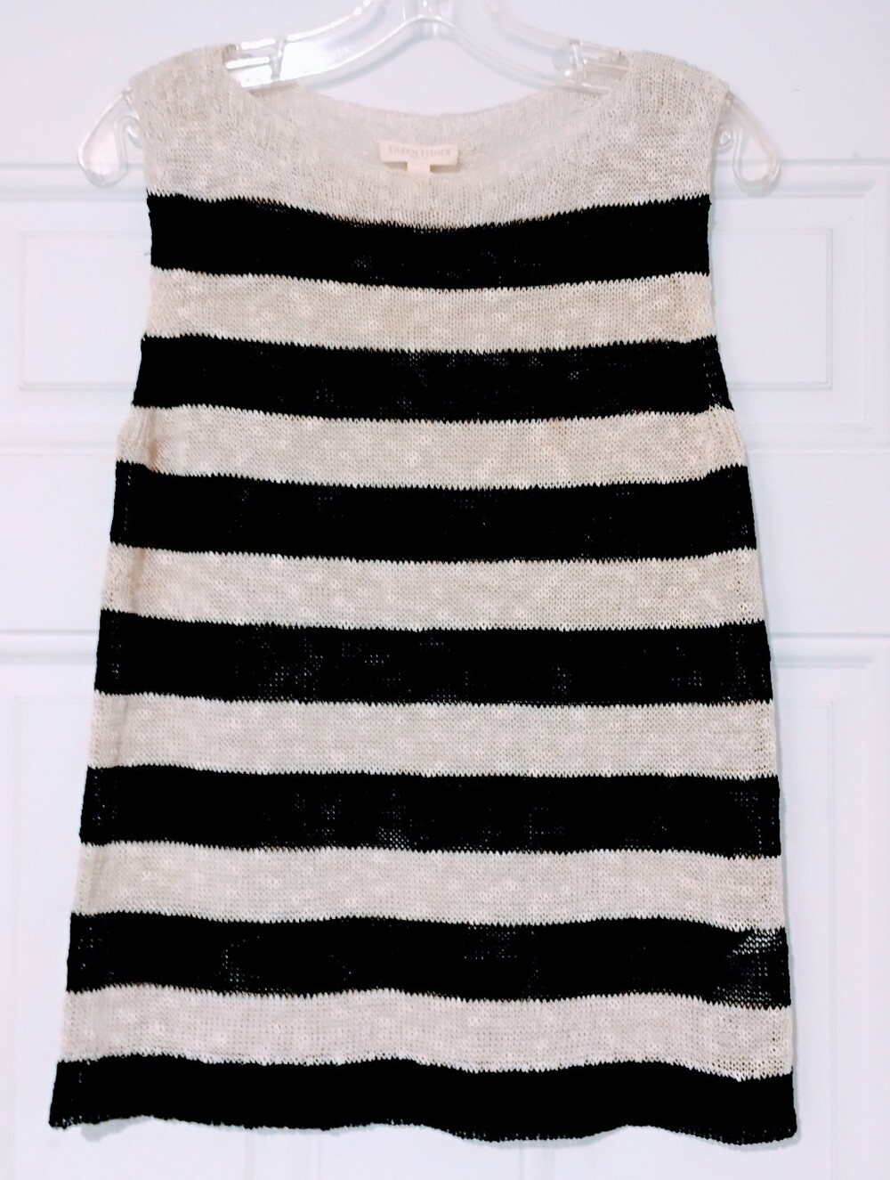 Eileen Fisher Sweater Vest Nautical Stripe Linen Cotton Sheer Knit Navy Cream PS